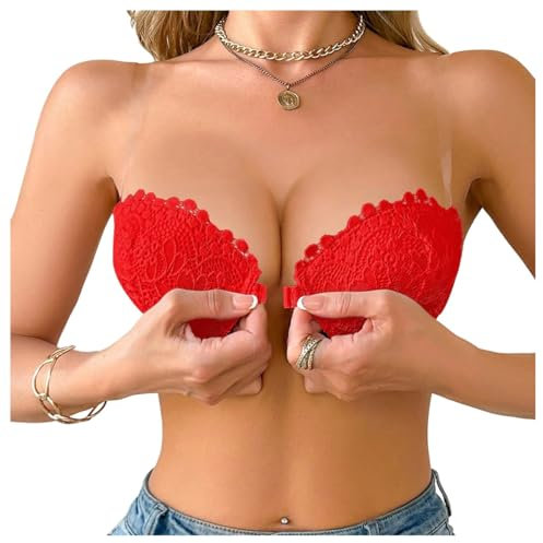 GORGLITTER Women's Strapless Push Up Front Fastening Bra Underwire High Support Scalloped Cross Back Lace Bras Red 34A