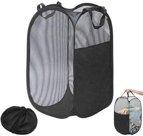 1 Pack Mesh Collapsible Laundry Baskets, Pop up Laundry Hamper Bins,Folding Washing Basket with Handles for Clothes Tidy Storage-Black