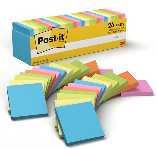 Post-it Notes, 24 Pads (2400 Sheets), 76 mm x 76 mm, Assorted Colours | Self-Stick Notes for Reminders, Planning and Study, Stick and Remove Cleanly; Great for Marking, Organising, Capturing Ideas