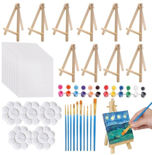 37 Pièces Mini Chevalet Bois Pliable 8 x 15 cm Mini Chevalet Triangulaire | Petit Chevalet avec Toile Peinture et Pinceaux Bricolage Peinture Mariage Décoration Noël Anniversaire Baptême Cours d'Art