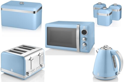 Swan Retro Blue 1.5L 3KW Jug Kettle, 4 Slice Toaster, 800W 20L Digital Microwave, Bread Bin & Set of 3 Tea, Coffee & Sugar Canisters. Matching Retro Design Kitchen Set of 7 in Blue