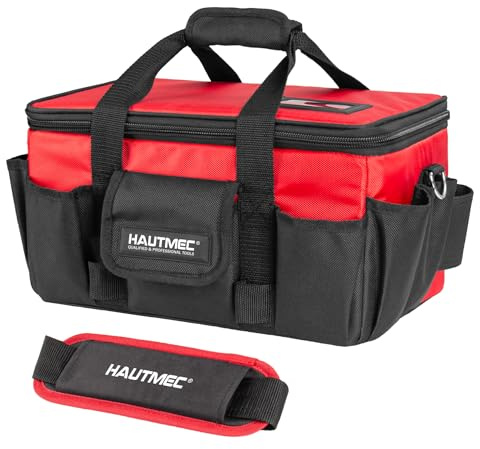 HAUTMEC Heavy Duty Tool Bag Case, 1680D Oxford Fabric & EVA Reinforced Hard Bottom, Wide Opening with Removable Dividers, Multi-Pocket Organizer with Padded Strap & Trolley Sleeve - HT0401