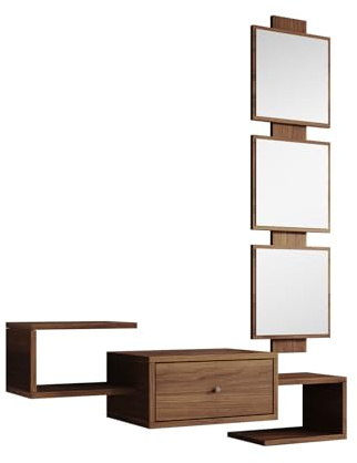 MB Muebles Bonitos, Recibidor Colgante Neo con Espejo y Cajón, Diseño Moderno, Melamina Mate, Color Nogal Ambar, 99,5x145x29,5 cm