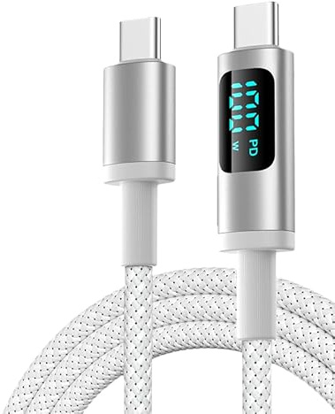 USB-C to USB-C Fast Charging Cable 100W PD with LED Power Display, Braided Nylon Type-C Charger Cord for Laptops, Tablets, Smartphones & Gaming Devices (White)