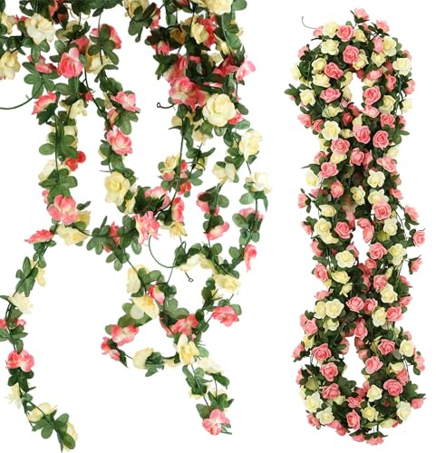 EUWLY Künstliche Rosenranken 8er Set - 94.5IN Kunstblumen Ranken Deko mit 45 Blüten pro Ranke - Künstliche Rosen Girlande Hochzeit Deko für Wohnzimmer, Hochzeit, Party (Sonnenrot)