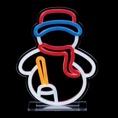 Premier 25cm Snowman Design Table Top Lit Neon Sign – Cool White, Red, Yellow & Blue LED Neon Effect Christmas Decoration with 3m Cable