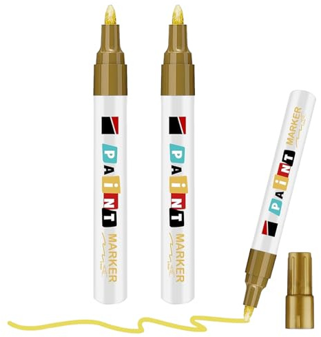 Hyleara 2 Lackstift Gold, 3,0mm Permanent Marker Wasserfest, Metallic Stifte, Goldstift, Lackmarker für Stein, Metall, Kunststoff, Glas, Holz, Keramik, Reifen