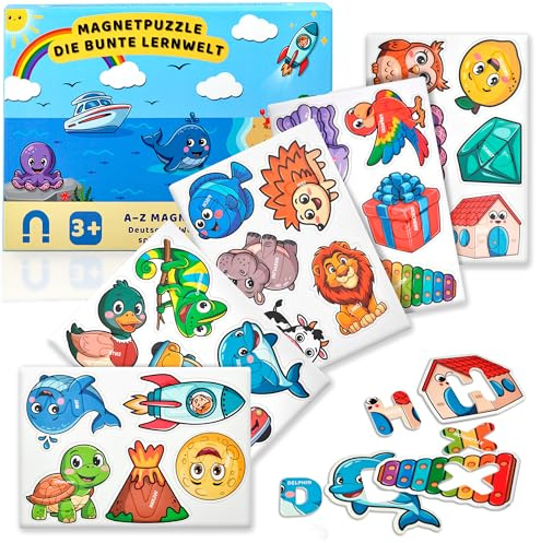 Magnetisches ABC Puzzle für Kinder ab 3 Jahren – Montessori Buchstaben-Lernspiel mit 52 Teilen und Bildern A–Z – Alphabet Lernen und Zuordnen – Lernspielzeug für Kindergarten & Vorschule