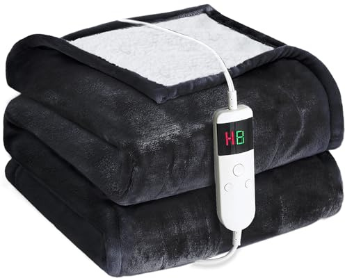 Cushious Heated Electric Blanket Throw 150x200cm, 10 Settings Heating,1-8h Timer Auto-Off, Overheat Protection, Machine Washable, Flannel and Sherpa Heated Blanket for Sofa Bed, Office
