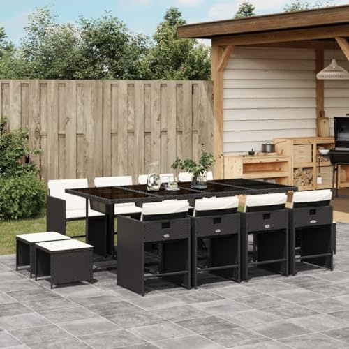 Runheo 13-TLG. Garten-Essgruppe Schwarz Poly Rattan, Outdoor Möbel Set mit Klappstühlen, Glastisch, Hocker, Kissen, für Terrasse, Balkon, Garten