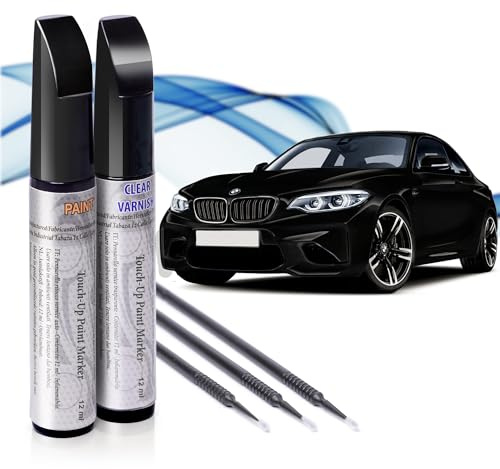 Asturcolor Reparador de Arañazos para Coche, Lápiz de Retoque para Automóvil, Bolígrafo Reparaarañazos, Rotulador de Reparación, 2 Piezas de Pintura de Retoque BMW (668 NEGRO JET) con Base + Laca.