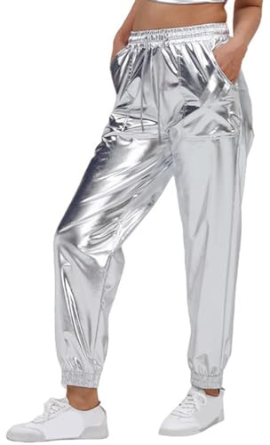Pailletten Hose,Metallic Look Hose Damen Silberne Goldene Hose Lang Silber Goldene Leggings Hose, Space Girl Kostüm,Weltall Alien Kostüm