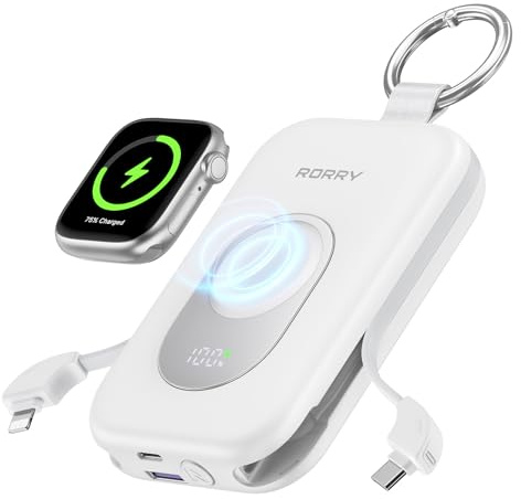 RORRY CharmGo Powerbank,20000mAh Power Bank 30W PD Schnellladung | Externe Handyakkus mit 2 Integrierten Kabeln, Portable Charger Reise-Essential für iPhone, Apple Watch, iPad, Samsung, Weiß