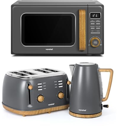 Vonshef Digital Microwave Kettle Toaster Set, Scandi Kitchen Set – Fika Range, Grey | 1.7L Rapid Boil Kettle, Wide Slot Toaster 4 Slice, and 23L Microwave with 11 Power Levels & 10 Reheat Settings – Fika Range