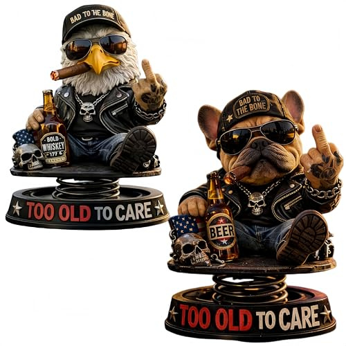 Generisch „Too Old to Care“ Bulldoggen-Wackelkopf – Lustige Deko-Figur aus Kunstharz – Stabile & einfache Anbringung auf dem Armaturenbrett – Für Hundeliebhaber (2STÜCK)