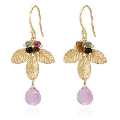 Orecchini con quarzo rosa e tormalina, pietre naturali per donna e ragazza, con foglie, placcati in oro 18 K, fatti a mano, regalo originale in scatola