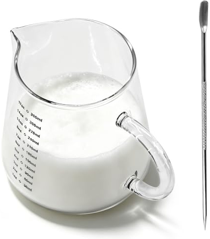 Glass Milk Jug 12oz/350ml with Handle – Milk Frothing Pitcher for Espresso Machine, Barista Milk Jug with Latte Art Pen, Small Measuring Jug for Coffee Accessories, Heat-Resistant Glass Milk Bottle