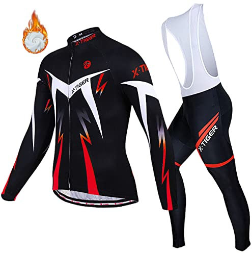 X-TIGER Herren Langarm Radtrikot Set Winter Radsportanzüge mit 5D Gel Gepolsterten Trägerhosen