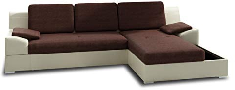 Ecksofa Aldo mit Glasregal, Couchgarnitur mit Bettfunktion und Bettkasten, Sofagarnitur, Couch mit Schlaffunktion, Big Sofa (Beige + Braun (Soft 018 + Inari 24), Ecksofa Rechts)