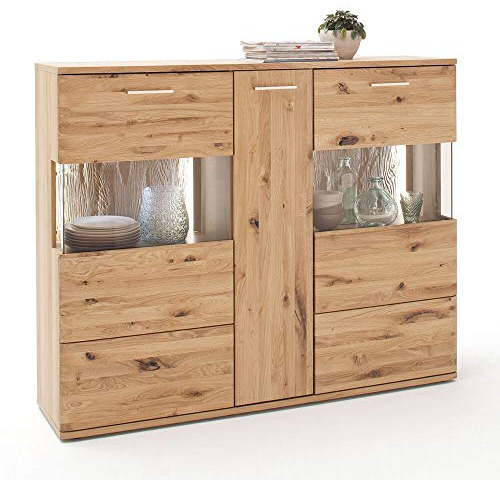 Lomadox Highboard Esszimmer Vitrine 150cm, Asteiche Bianco massiv geölt, inkl. LED