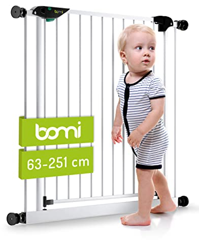 Hochwertiges Schutzgitter Mira von BOMI® | Türschutzgitter weiß Metall Selbstschließend | Treppenschutzgitter Türgitter Klemmgitter für Babys, Kleinkinder, Tiere | Breite: 95-103 cm