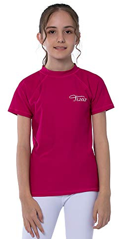 TIZAX Mädchen Kurzarm UV Schwimmshirt Kinder Badeshirt UPF50 + Schnelltrocknend Rashguard Rose 9-10 Jahre/134-140