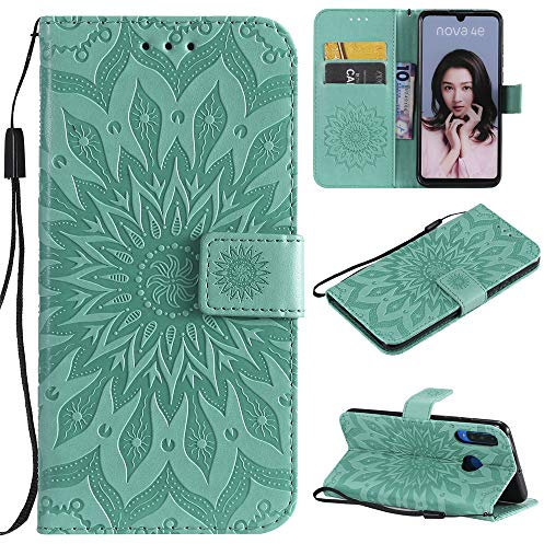 CHcase Cover per Huawei P30 Lite Custodia di Pelle Case Flip Portafoglio Retro Libretto Magnetico Protettiva Non Graffi Funzione Supporto Bumper Fiore Girasole per Huawei P30 Lite - Verde