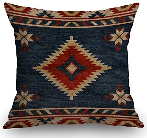 SSOIU Vintage Southwest Überwurf-Kissenbezug, Baumwoll-Leinen-Kissenbezug, quadratisch, Standard-Heimdekoration, Blau, Rot