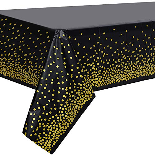 2 Stück Schwarz und Gold Party Tischdecke für Rechteck Tisch, Gold Dot Confetti Geburtstag Tischdecke für Geburtstag, Jahrestag, Braut Shower, Abschlussfeier, Cocktail Party, 137cm x 274cm