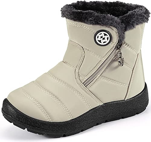 Gaatpot Stivali da Neve Ragazzi Ragazze Scarpe Invernali Bambini Fodera Calda Stivali Piatto Impermeabili Stivaletti Morbide Antiscivolo Beige#2 30.5 EU = 31 CN