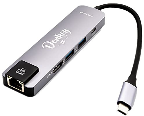 Donkey pc USB-C-auf-Ethernet-Adapter 5-in-1-Adapter, Typ C aus Aluminium, Multiport-Adapter, mit 4K HDIM-Ausgang, Typ-C Ladeanschluss, RJ45 USB 3.0 Ethernet und 2 USB 3.0-Ports.