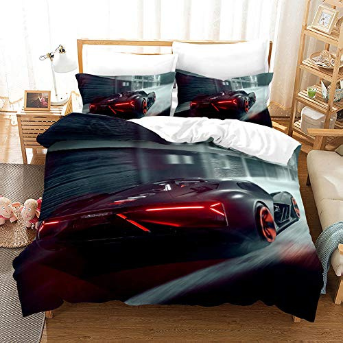 WSSWZN 3D Druck Bettbezug Schwarzer Sportwagen Bettwäsche Set 135x200cm mit 2 Kissenbezug 80x80cm Kind Jugendliche Junge Bettwäsche Set