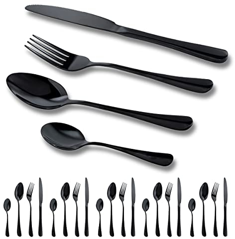 GOODFEER Schwarz Besteck Set 6 Personen, 24 Teilig Besteckset, Inkl Messer, Gabeln Löffel und Dessertlöffel, Cutlery Edelstahl Spiegelpoliert Spülmaschinenfest, Schwarzes Matt Farbe
