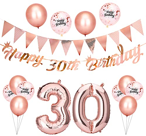 Beainfir 30th Birthday Decorations Set Include Rose Gold Happy 30th Birthday Banner,Triangle Flag Banner,Confetti Latex Balloons and Foil Balloons for Party Decoration Supplies for Girls and Boys