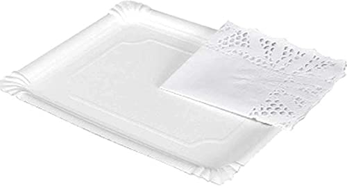 Tradineur - Pack de 6 bandejas y blondas rectangulares - Fabricación de cartón que incluyen blondas caladas 100% reciclables - Apto para uso alimentario - 25 x 34 cm - Color Blanco