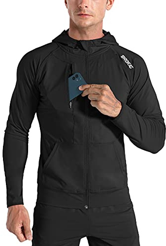 BROKIG Mens WindBreak Lightweight Running Jackets with Zip Pocket,Workout Track Hoodie Athletic Gym Sweatshirts Men(Black, Medium)