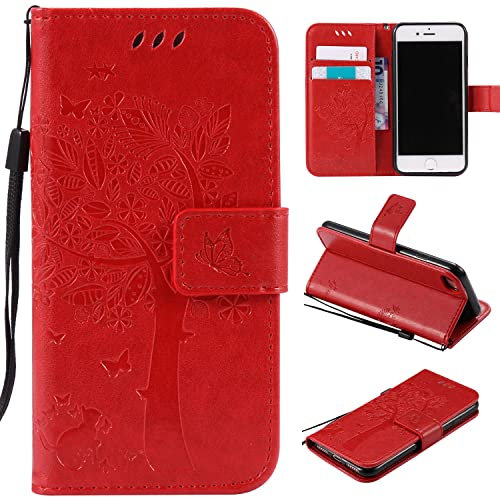 VEEMOS Mobile Case for Apple iPhone SE 2022 5G / iPhone SE 2020 / iPhone 8 / iPhone 7 Phone Case Wallet with Card Slots Cat-Tree Shockproof Leather Folio Slim Flip Case Cover Women Girls - Red