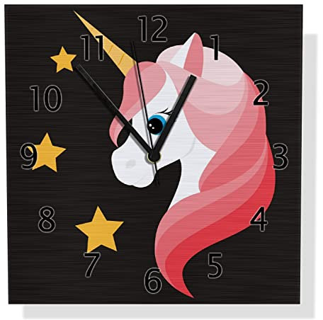 Wallario Design Wanduhr Einhorn Muster - Süße rosa Einhörner mit Sternen aus Aluverbund, Alu-Uhr Größe 30 x 30 cm, Schwarze Zeiger mit Metalloptik