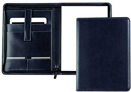 DELMON VARONE - Tablet Schreibmappe mit Reißverschluss inkl. Notizblock DIN A4 aus veganem Eco Kunstleder Blau - Organizer Konferenzmappe mit Stifthalter & Einsteckfach - Besprechungsmappe