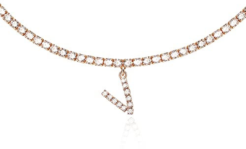 Rose Gold Initial Necklaces for Women, 14K Rose Gold Plated Tennis Chain Necklace Cubic Zirconia Initial Tennis Necklace, Bling CZ Letter Tennis Necklace for Women Girls Initial V Necklace
