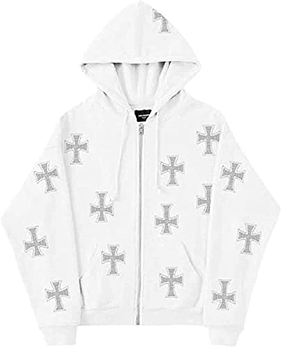 Frauen Strass Kreuz Print Super Dalian Hoodie Y2k männer Punk Sweatshirt Paar Jacke Hip Hop Jogging Sweatshirt 90s Streetwear (Weiß,M)