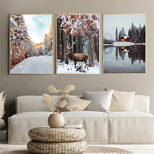 EXQULEG 3er Set Moderne Poster Set,Weihnachten Winter Wälder Schnee Elch Bilder,Weihnachten Poster Ohne Rahmen Deko für Wohnzimmer Schlafzimmer (A,40x50cm)