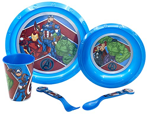 SET DE TABLE POUR ENFANTS 5 PIÈCES. ASSIETTE, BOL, VERRE DE 260 ML ET COUVERTS. SANS BPA | AVENGERS HERALDIC ARMY