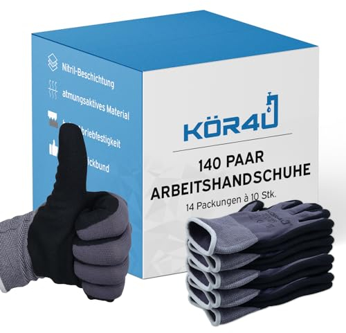 kör4u 140 Paar Arbeitshandschuhe Elite, atmungsaktiv und beschichtet, als Schutzhandschuhe, Gartenhandschuhe Damen und Mechaniker Handschuhe geeignet, hochwertige Nitril-Beschichtung, ölbeständig