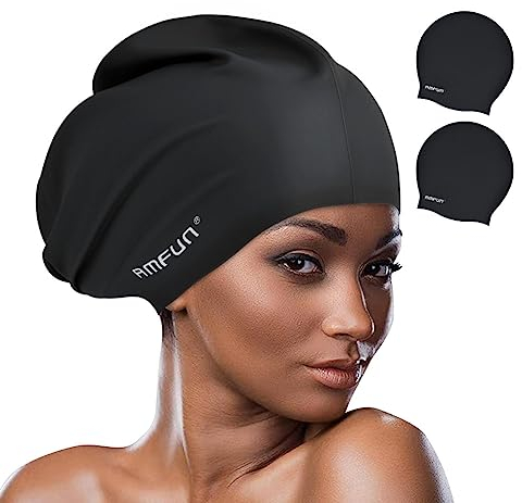 AMFUN 2PCS Gorro Piscina, Gorros de Piscina Impermeables Adultos Gorro Natación Mujer y Hombre, Gorro Natación Pelo Largo y Dreadlocks, Gorro de Baño Silicona Extra Grande
