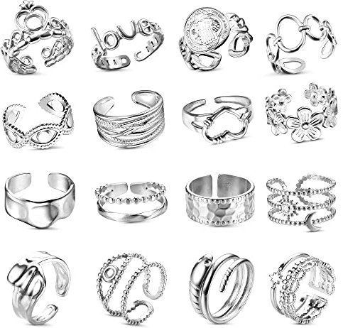 LOLIAS 16er Ringe-Set für Damen: Edelstahl Knöchelringe mit Stapelbaren Offenen Daumen Ringen - Minimalistischer Damenring-Set in Silber