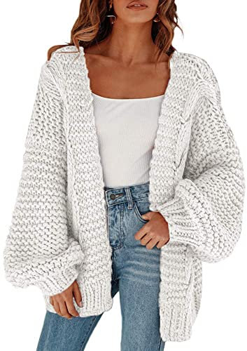 Cicy Bell Damen Strickjacken Cardigan Lose Laternenärmel Elegante Übergroße Pullover Weiß L
