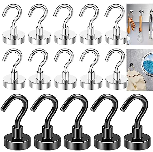 Daily Treasures 15 Pack Magnetic Hooks, 5Pack 22KG(48.5lb) Strong Magnetic Hooks +10Pack 10KG(22lb) Super Magnets Hooks, Magnets with Hook for Hanging in Kitchen, Cruise, Classroom, Workplace, Garage
