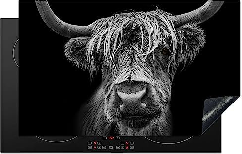 KitchenYeah© Induction Hob Protector Mat 20.5x33.5 / 85x52 cm Stove Cap Top Cover Kitchen Cooker Covers for Electric Hobs Vinyl Scottish Highlander - Horns - Black - White - Cow