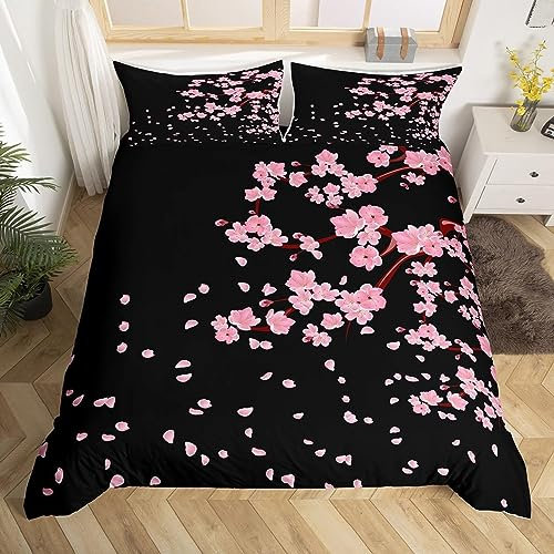 Housse de Couette 140x200 Sakura Rose Style Japonais, Parure de Lit Enfant 1 Personne en Microfibre Douce Imprimée en 3D avec 2 Taies d'oreiller avec Fermeture Éclair